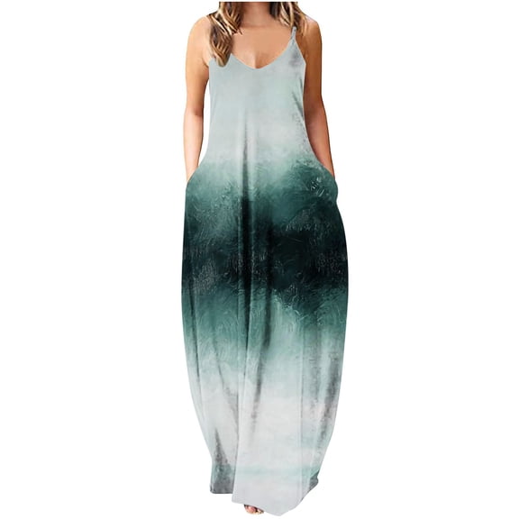 Up to 60% Off! pstuiky Summer Dress, Women Sleeveless V-Neck Suspender Dress Printed Dress Floor-Length Dress Loose Leisure Dress on Sale Yellow XL