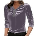 thumbnail image 3 of Aboser Womens V Neck Velvet Shirts Vintage Ruched Front Blouse Slim Fit Long Sleeve Tops Soft Velour Party Shirt Solid Color Layering Top, 3 of 7