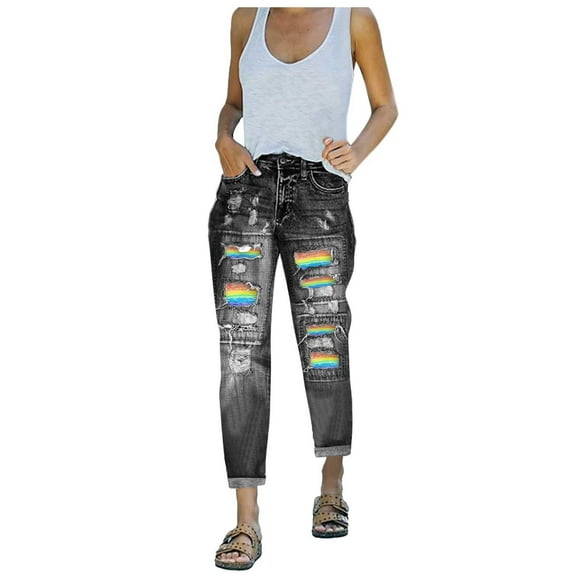PMUYBHF Techwear Pants Women Fashion High Waisted Distressed Rainbow Print Casual Straight Jeans Camo Cargo Pants for Women Xs Womens Black Pants Casual High Waist