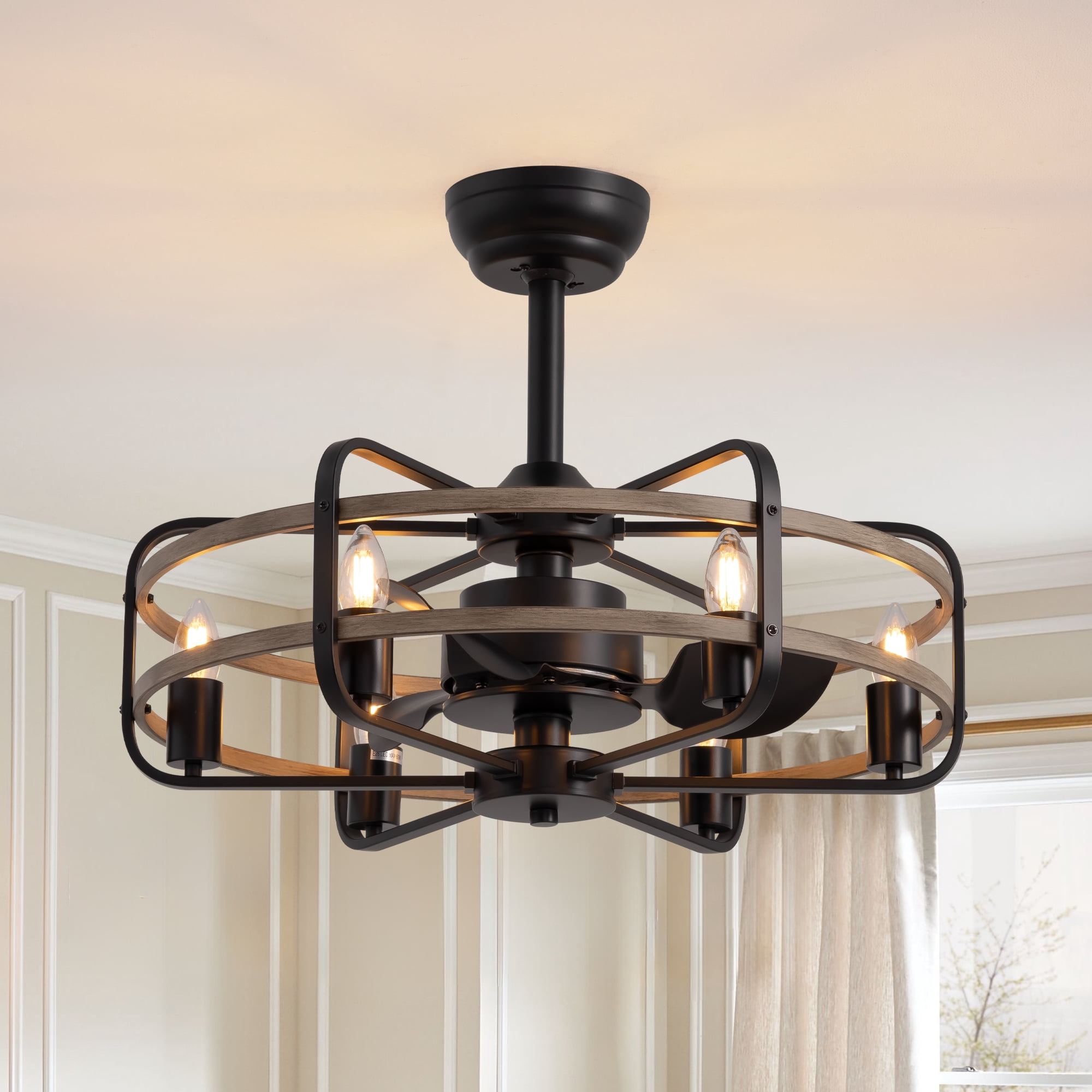 HOOMEDELIER 25" Vintage Ceiling Fan with Light and Remote Farmhouse Caged Chandelier Fan for Living Room Dining Room