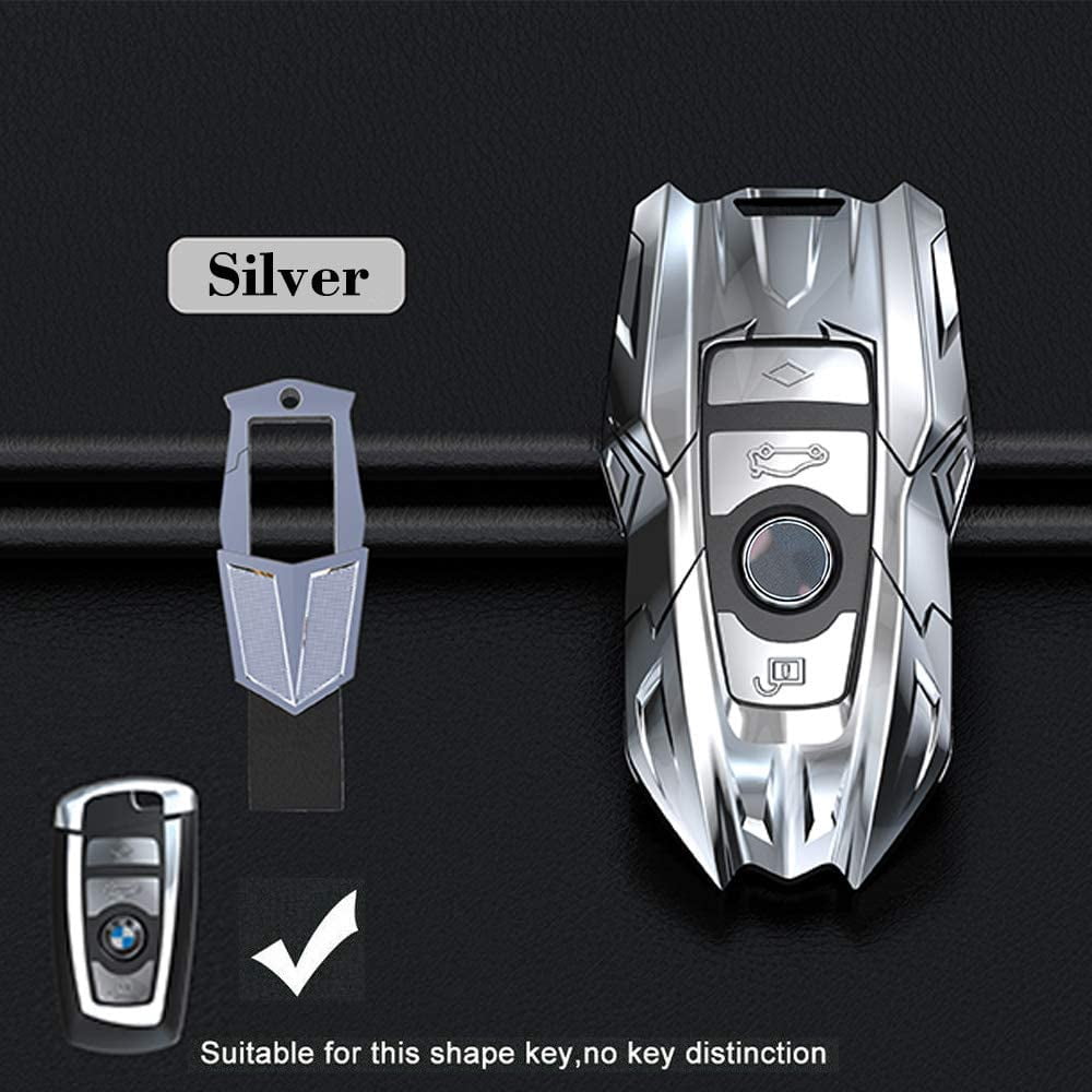 Metal Key Fob Cover for BMW X1 X2 X3 X5 X6 2 5 6 7 series, Protective Keyless Entry Smart Remote Key Case Holder 4 Buttons with Keychain (Gray B)