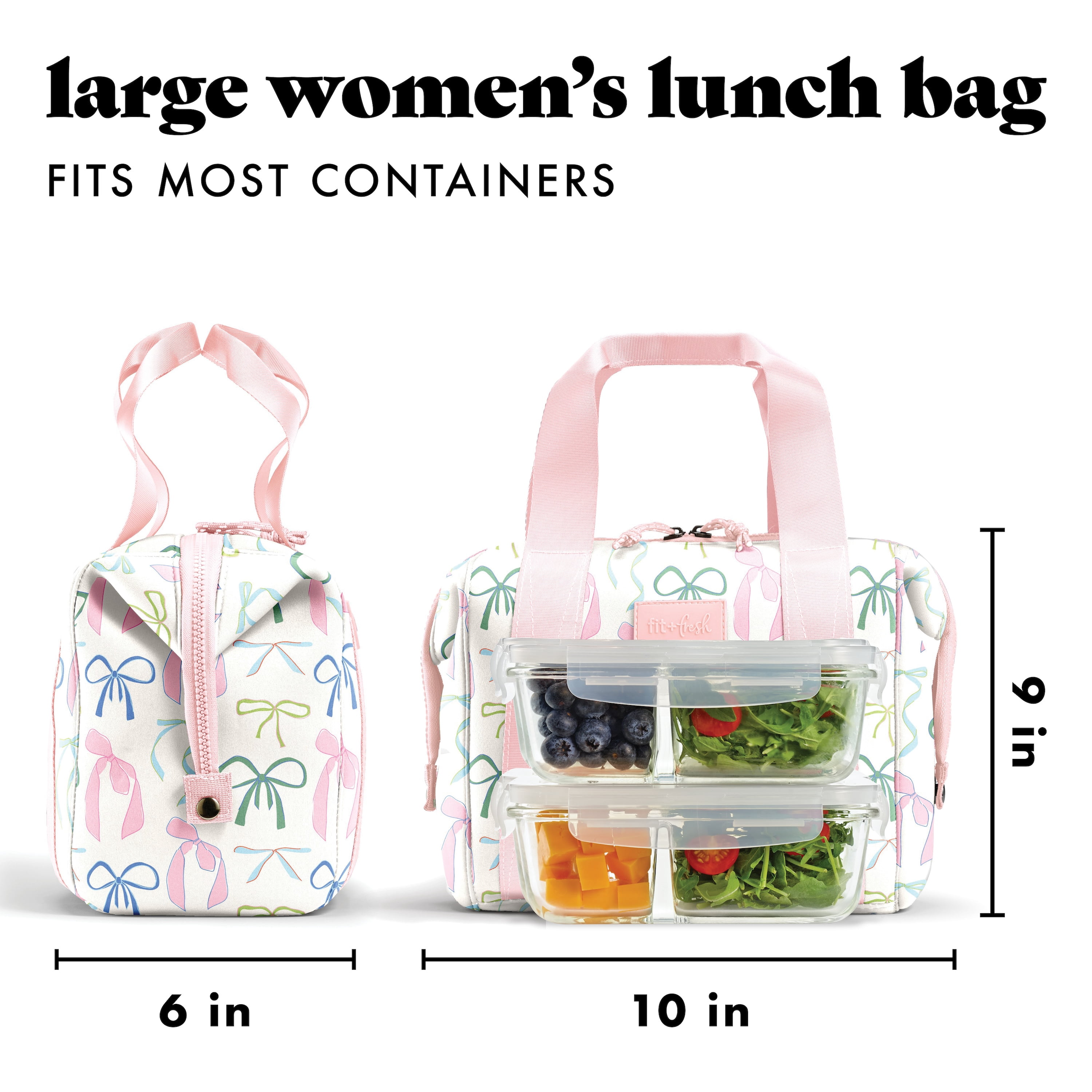 Fit + Fresh Remi Womens Lunch Bag, Insulated Lunch Box With Containers, Dainty Bows