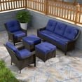 thumbnail image 6 of EAGLE PEAK Azure Bay 5 Pieces Wicker Outdoor Patio Furniture Set, Sofa and Chairs with Ottomans, Brown Wicker and Blue Cushions, 6 of 10