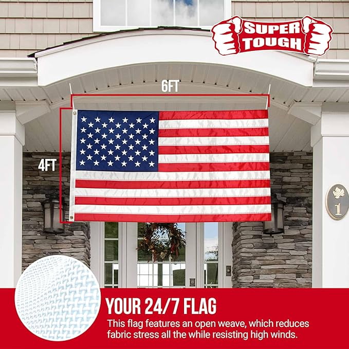 Super Tough 4Ft x 6Ft American Flag - Heavy Duty Polyester USA Flag with Embroidered Stars and Sewn Stripes Suitable for All Weather - Red/White/Blue