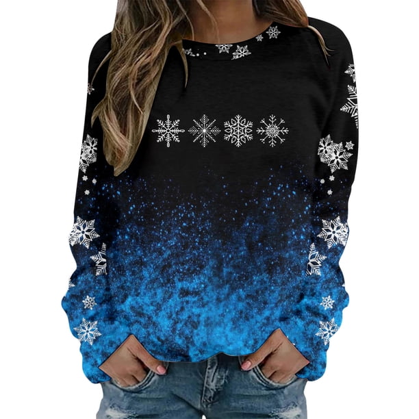 Gibobby Sudadera de Navidad para mujer Sudadera casual de manga larga con cuello redondo y estampado de de nieve degradado para Mujer(Azul,M)