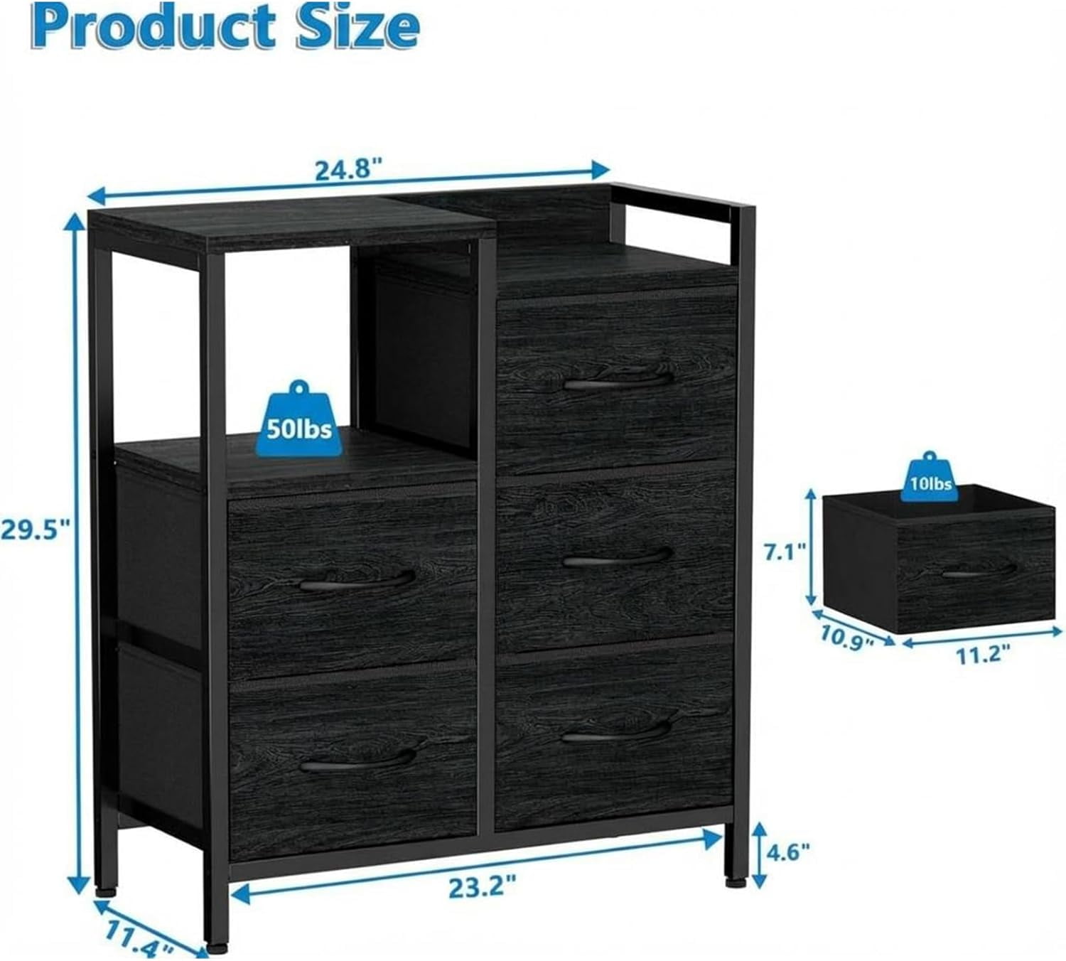 5 Drawer Mobile File Cabinet with Open Storage Shelf, Rolling Printer Stand and Fabric Lateral Filing Cabinet for Home Office, Fits A4 or Letter Size Files, Black