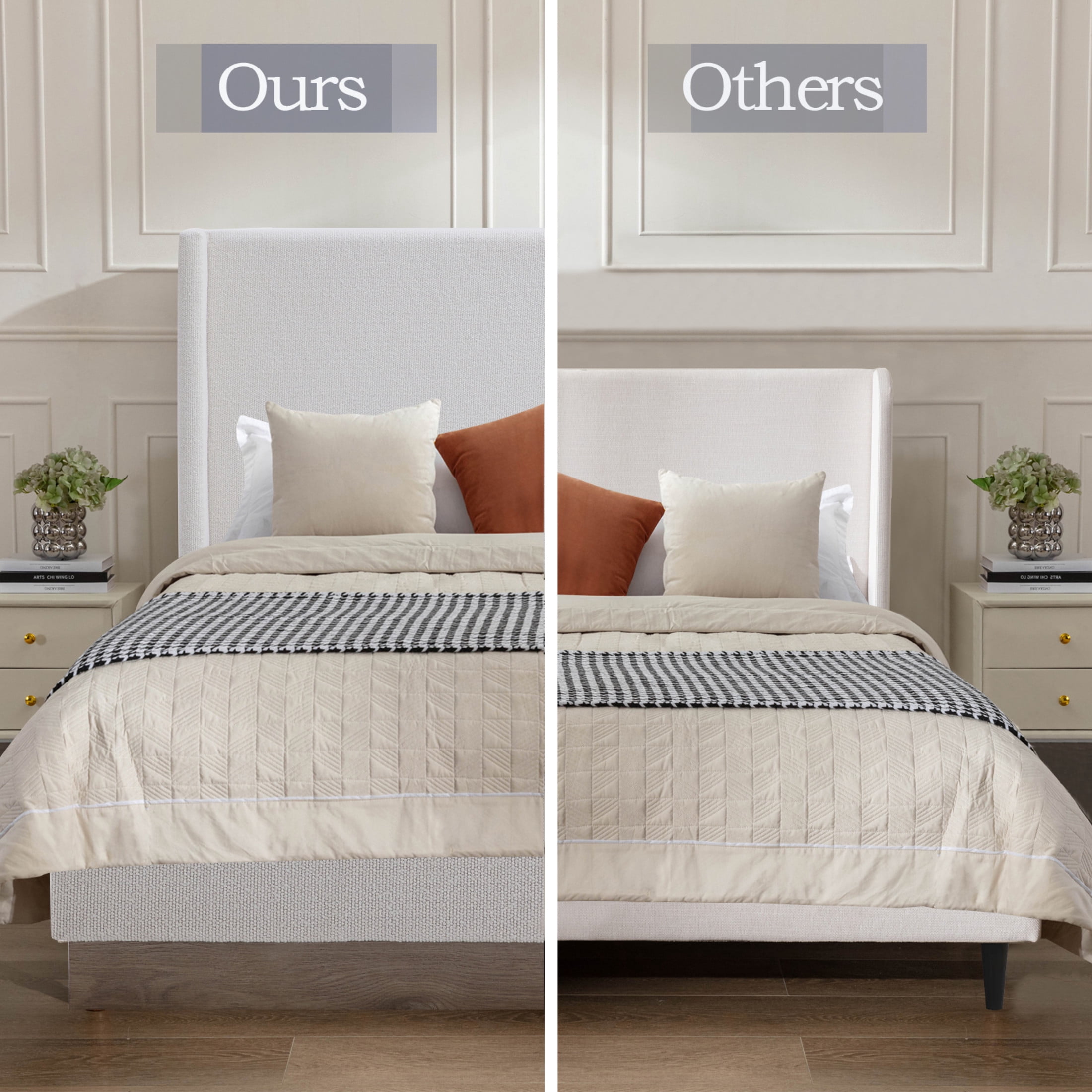 Noble House Hosford Full Boucle Upholstered Wingback Bed, Wood Base Platform Bed with Headboard, Cream White