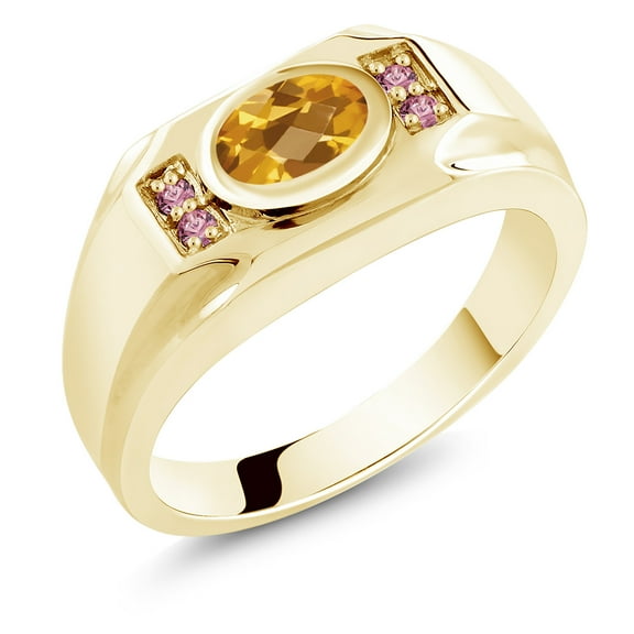Gem Stone King Men's 18K Yellow Gold Plated Silver Citrine and Pink Lab Grown Diamond Ring (1.40 Cttw, Gemstone November Birthstone, Oval Checkerboard 8X6MM,, Size 11)