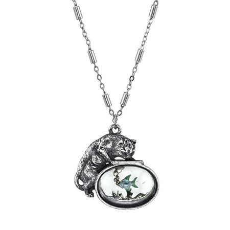 1928 Jewelry Women's Pewter Cat w/Blue Enamel Fish in Glass Fishbowl 30 inch Necklace, Silver, One Size
