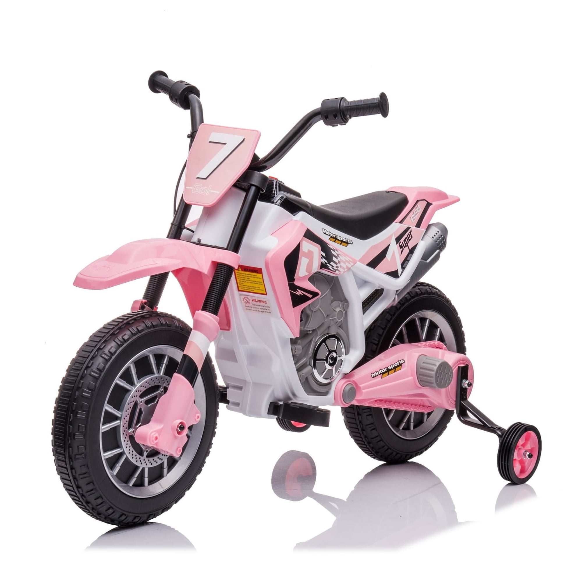 FINITO 12V Kids Ride on Motorcycle 4 Wheels Battery Powered Car Toy with 2 Training Wheels Music Player Electric Motorbike Gift for Boys Girls Age 3+, Pink