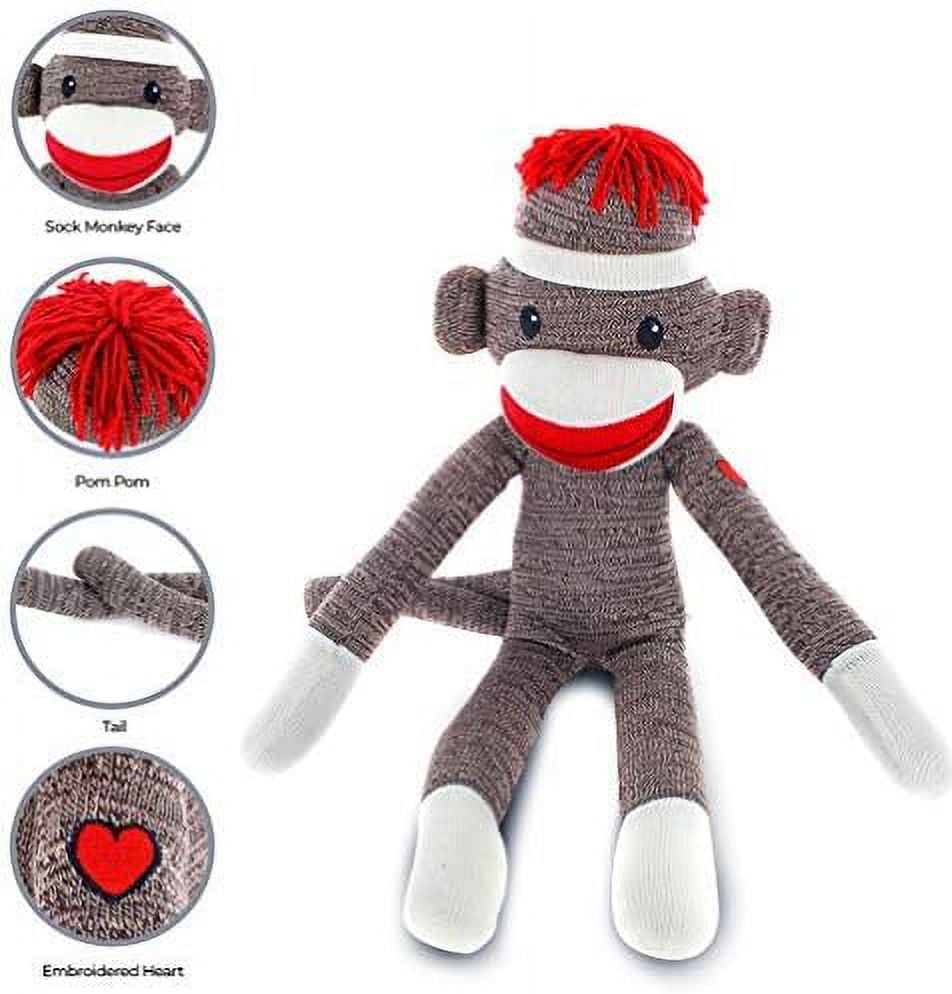 Made By Aliens Adorable Brown Sock Monkey, The Original Traditional Hand Knitted Stuffed Animal Toy Gift-for Kids, Babies, Teens, Girls and Boys Baby Doll Present Puppet 20 Inches