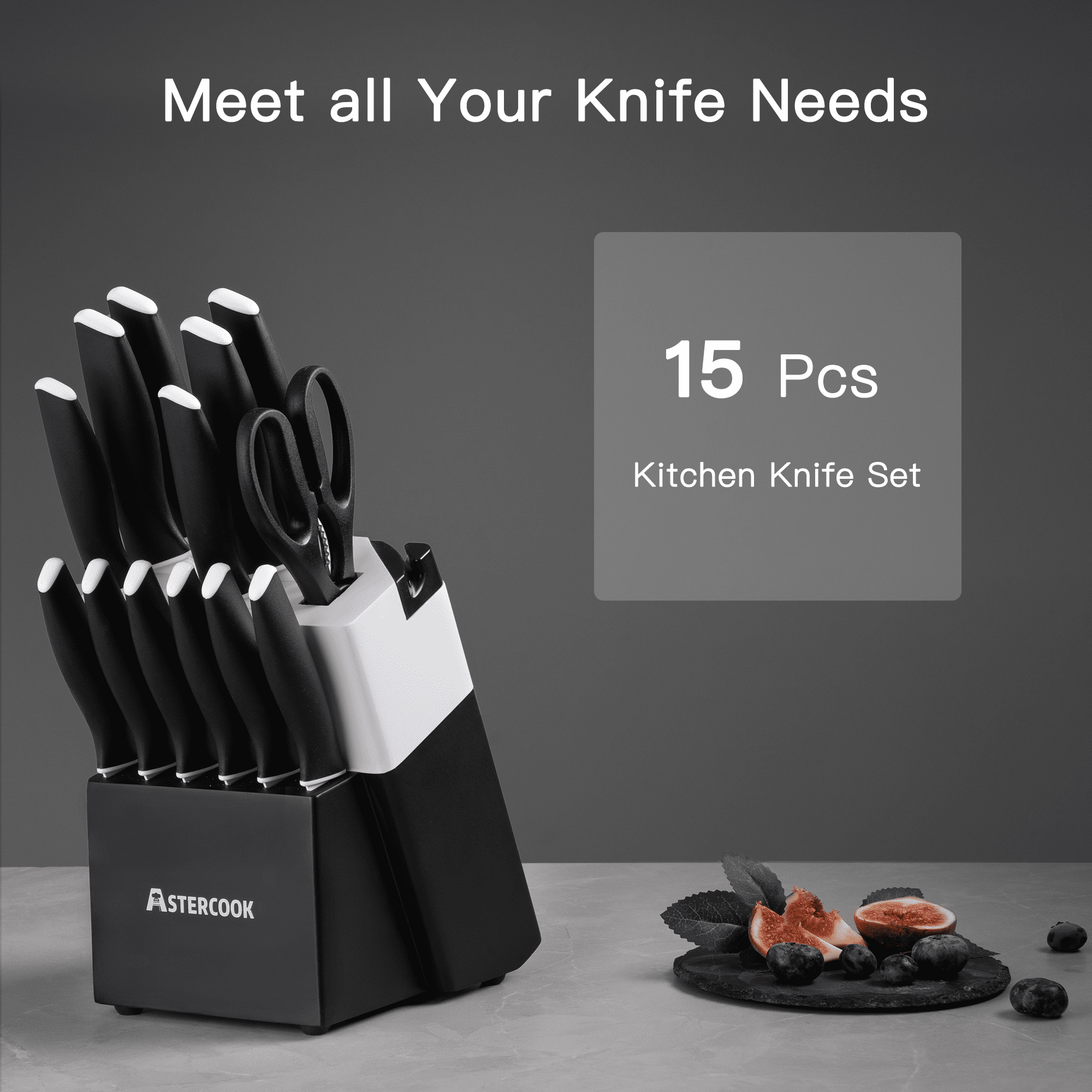 Astercook Knife Set, 14 Pieces Kitchen Knives Set with Healthy Anti-Rust Coating, Stainless Steel Knife Sets with Built-in Sharpener, Sharp & Rust Resistant Dishwasher Safe Elegant Black
