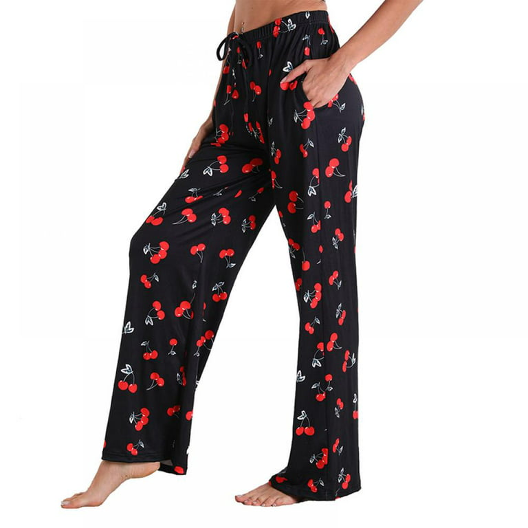 WBQ Women's Comfy Pajama Pants Casual Drawstring Palazzo Lounge Wide Leg  Pants Cherry Tag XXL/US 16-18
