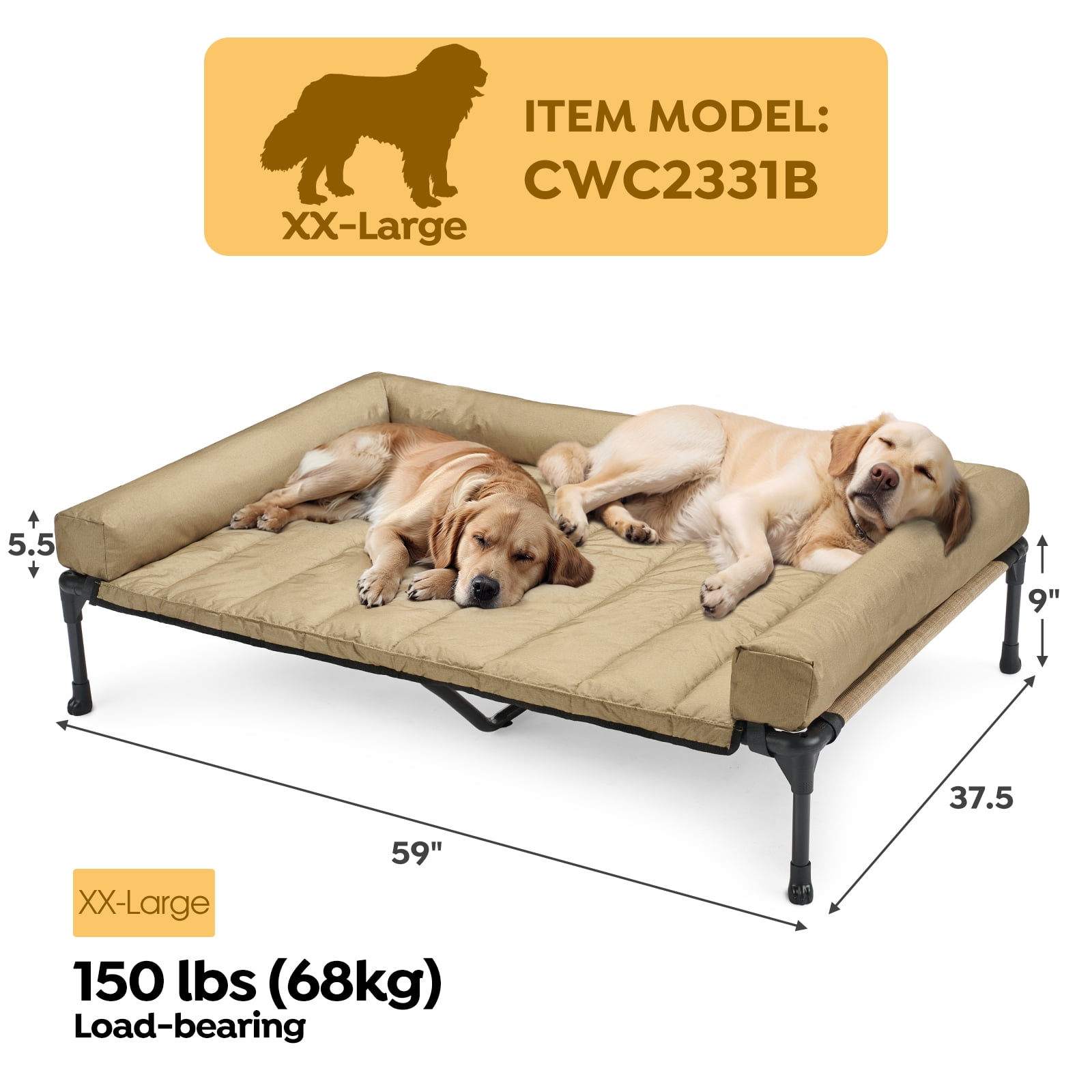 Veehoo Cooling Elevated Dog Bed + Waterproof Removable Pillow-Top Mat, XXLarge, Beige Coffee