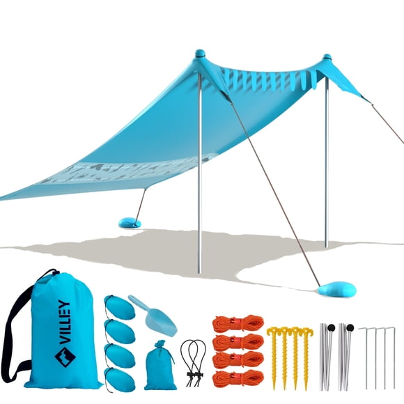 Carpa de playa Villey Sun Shelter UPF50+ con 2 postes de estabilidad, azul