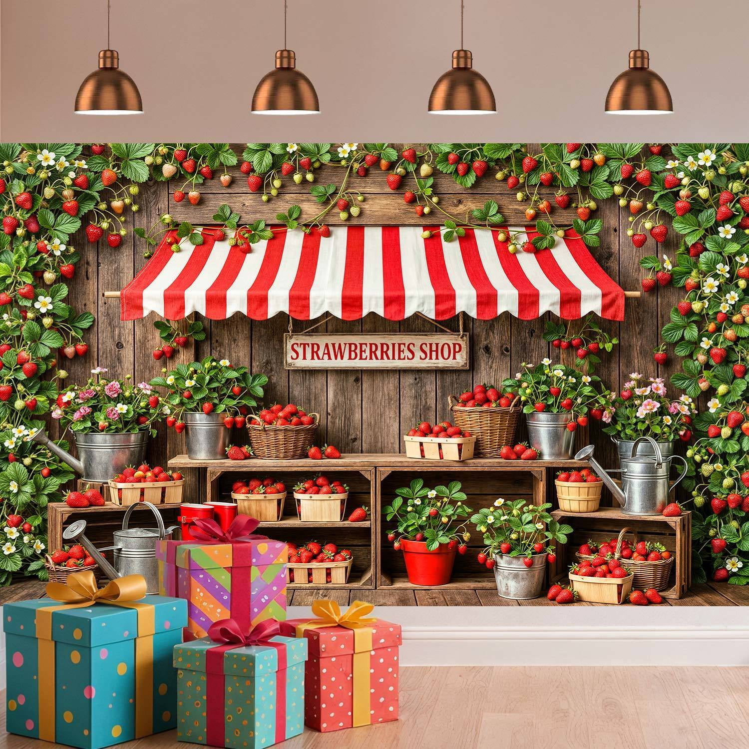 Strawberry Shop Photography Backdrop, Rustic Wooden Farm Stand Red Berry Floral Background for Kids Birthday Party Baby Shower Photo Booth Decorations Banner, 8x6ft
