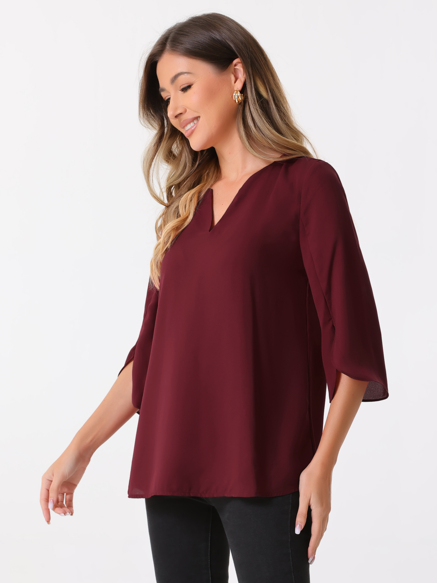 DARING DIVA Women's Chiffon Flowy Mesh Shirt Loose Work Tunic Blouse Top Burgundy M
