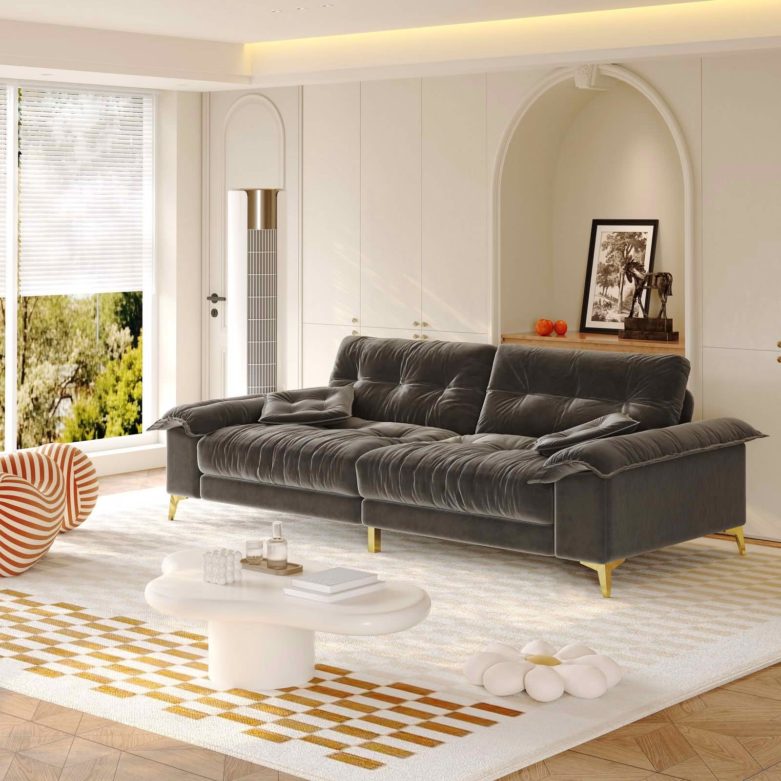 MAYEERTY 104.7" 4‑Seater Cloud Sofa, Tufted Chenille Couch with Wide Flip Armrests, Metal Legs, 2 Pillows Included for Multi‑Scene Use