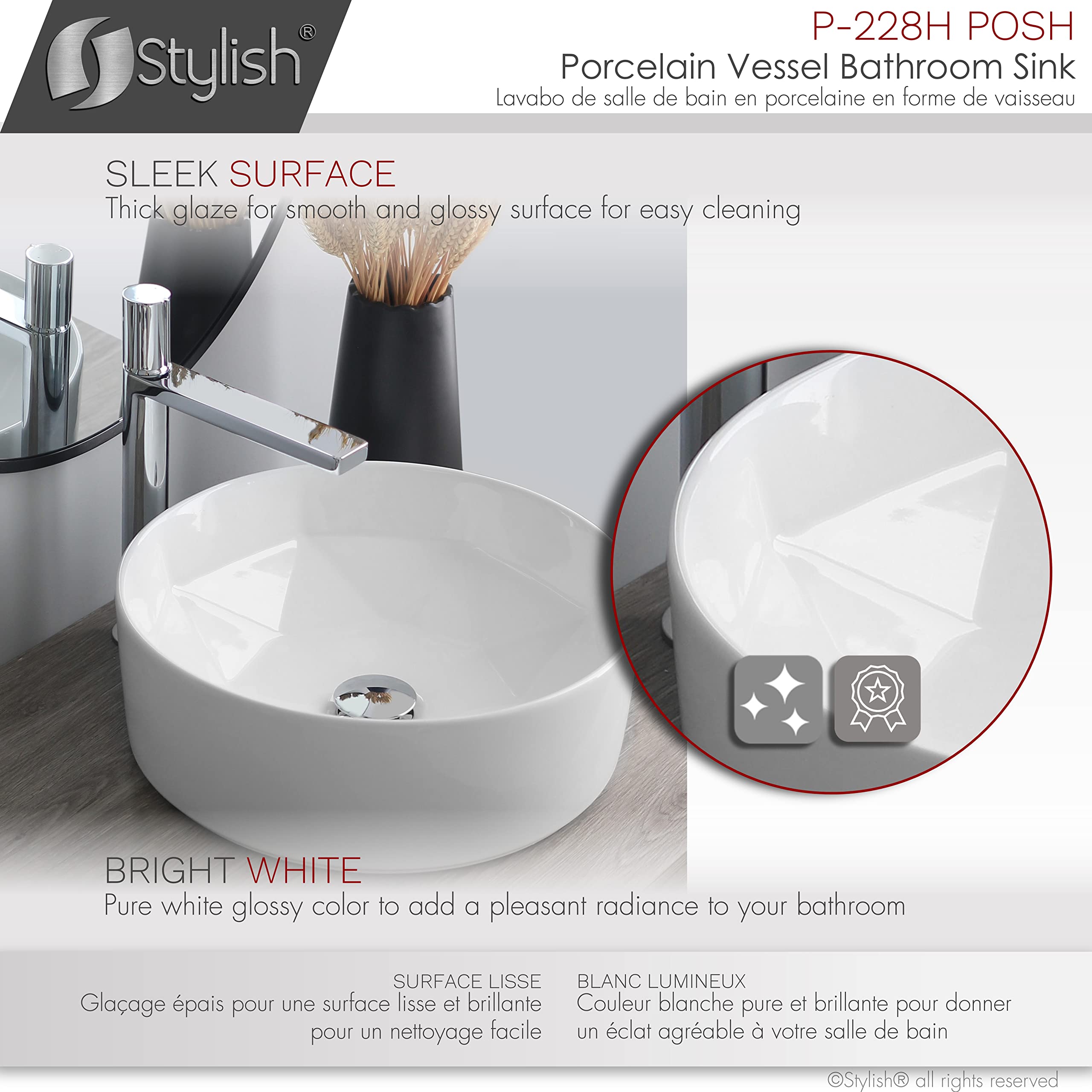 Stylish Vessel 16" White Porcelain Round Bathroom Sink P-228H