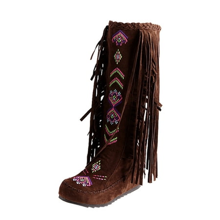

GNEIKDEING Woman Style Women Heels Fringe Flock Chinese Boots Boots High Long Flat T el Nation Knee Women s Boots Gift on Clearance