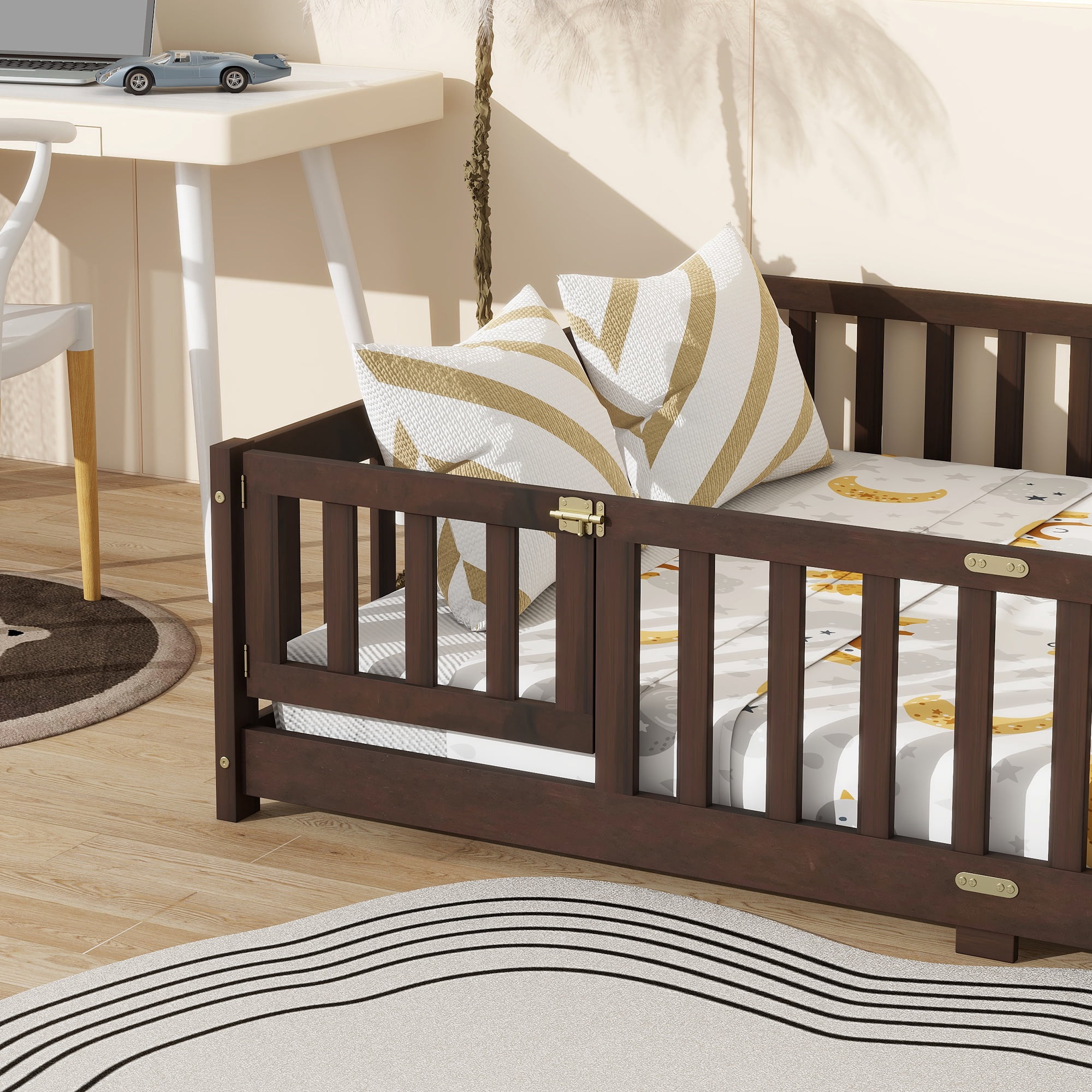 Full Size Kids Toddler Floor Bed with Door and Fence, UHOMEPRO Montessori Floor Bed with Slats and Safety Guardrails, Solid Wood Full Bed Frame for Bedroom, Espresso