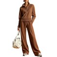 thumbnail image 2 of WULMLEO Womens 2 Piece Sets Knit Fall Quarter Zip Long Sleeve Pullover Wide Leg Palazzo Pants Tracksuit 2026 Casual Basic Suits Stretch Outfits with Pockets Brown 2XL, 2 of 6