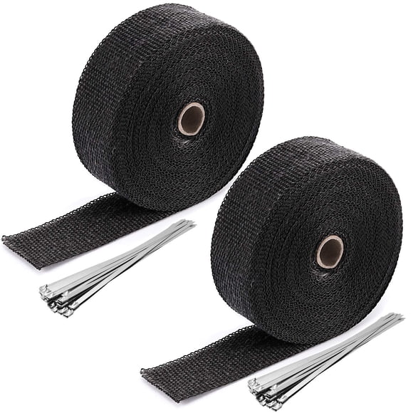 ZOENHOU 2 rollos de 2 pulgadas x 50 pies envoltura de cabecera de calor de escape envoltura de tubo de fibra de vidrio con 20 bridas de acero inoxidable cinta de protección térmica de escape negra par