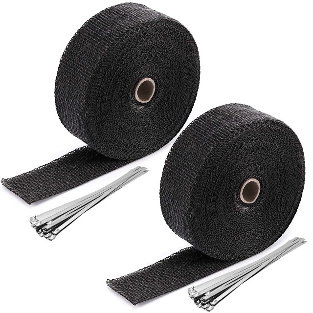 ZOENHOU 2 rollos de 2 pulgadas x 50 pies envoltura de cabecera de calor de escape envoltura de tubo de fibra de vidrio con 20 bridas de acero inoxidable cinta de protección térmica de escape negra par