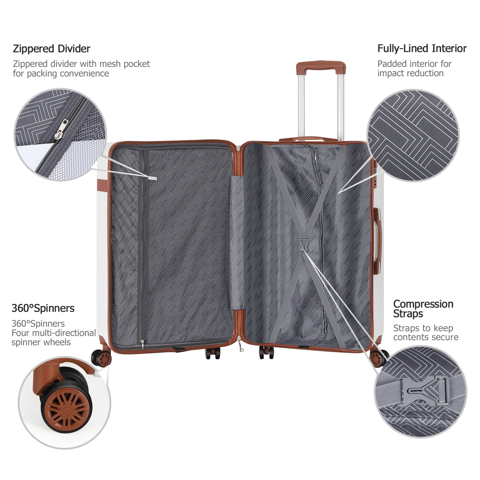 Luggage 3-Pieces Set ABS Durable Suitcase with Spinner Wheels Cream White 20"24"28"