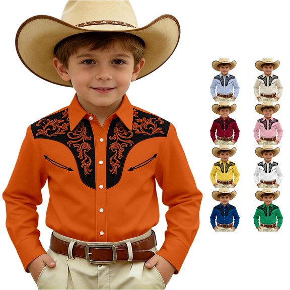 Gunia Boys Western Cowboy Shirts Denim Button Long Sleeve Casual Tops Shirts For Boys Orange 10-11 Years