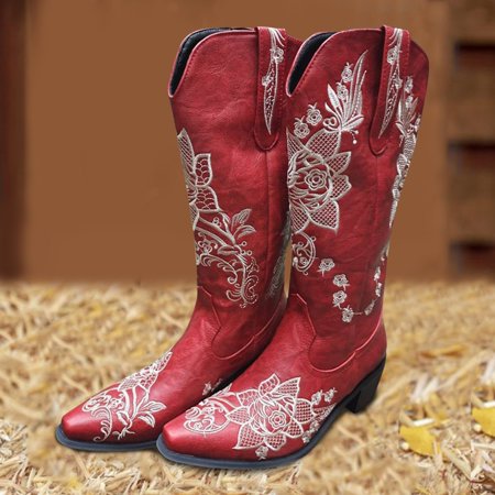 

Midewhik Middle Print Embroidery Women Shoes Flowers Round Slip On Toe Retro Booties Heels Women s Boots