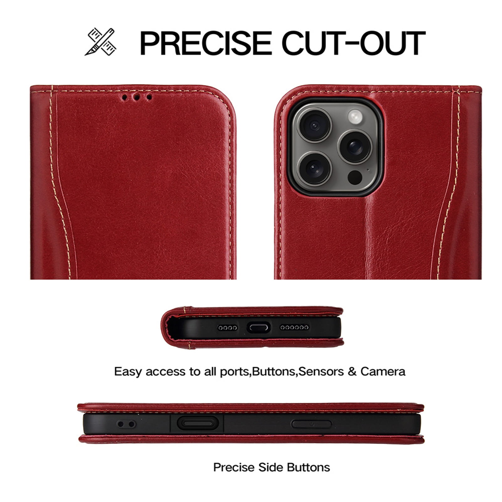ShellTech for iPhone 16 Pro Leather Wallet Case,Luxury Genuine Vintage Leather [Slim and Durable] with Card Slot & Kickstand [Magnetic Closure] Flip Folio Case,Red