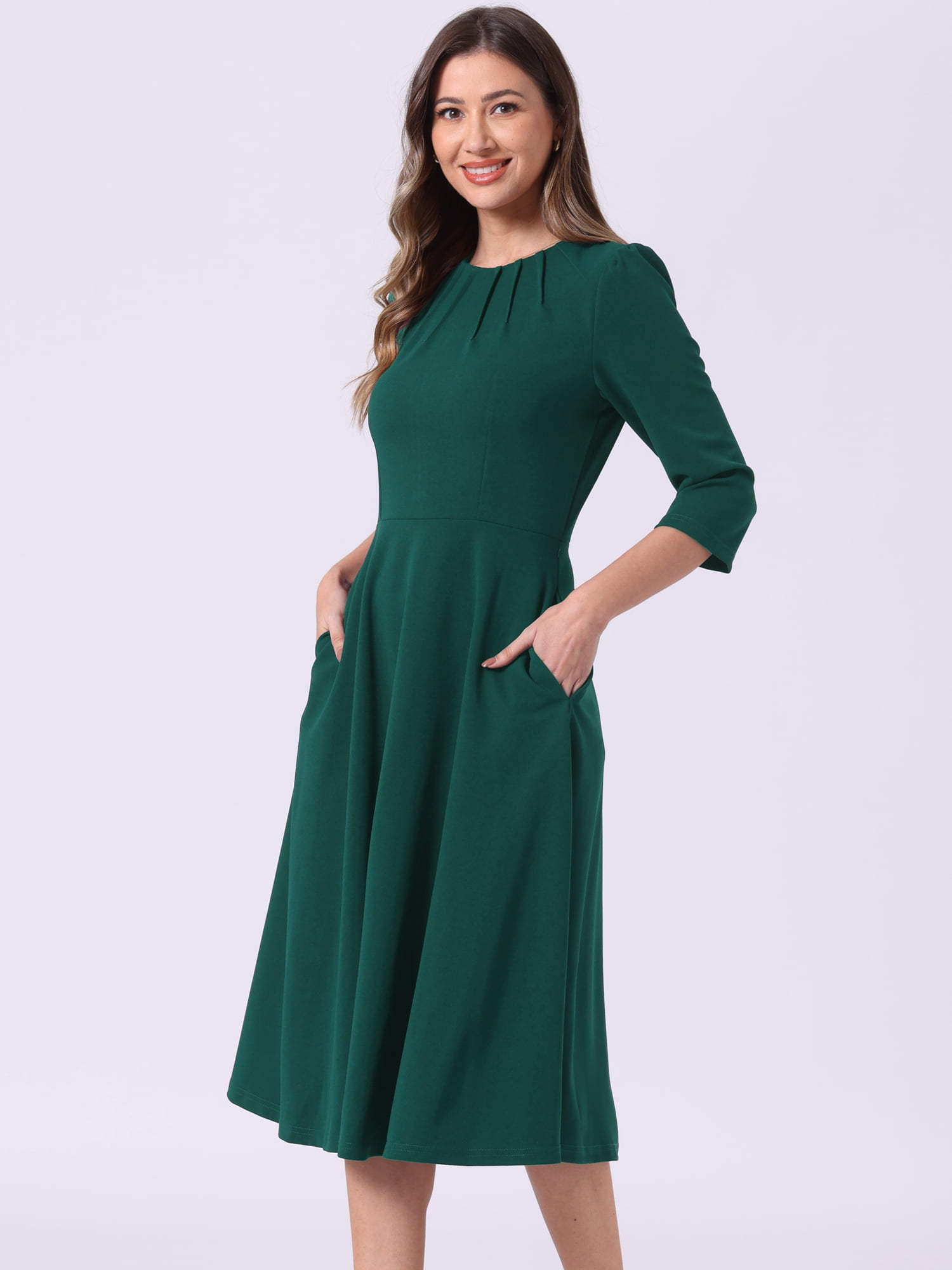 DARING DIVA 3/4 Sleeve A-Line Midi Work Dress XS Dark Green