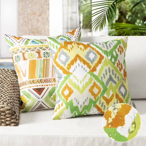 Phantoscope Boho Outdoor Decorative Throw Pillows with Inserts, Waterproof, Orange and Green, 18 x 18 in, 2 Pack