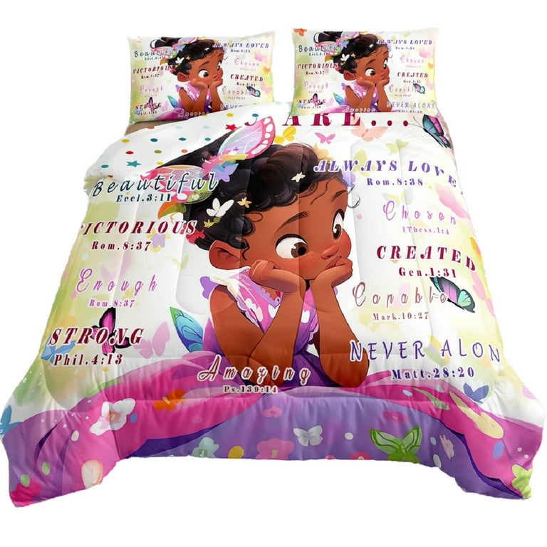 Set Biancheria Letto Doppio Per Ragazze – Piumino 173x218 Cm + 2 Federe, Con Frasi Motivazionali Afro, 100% Poliestere