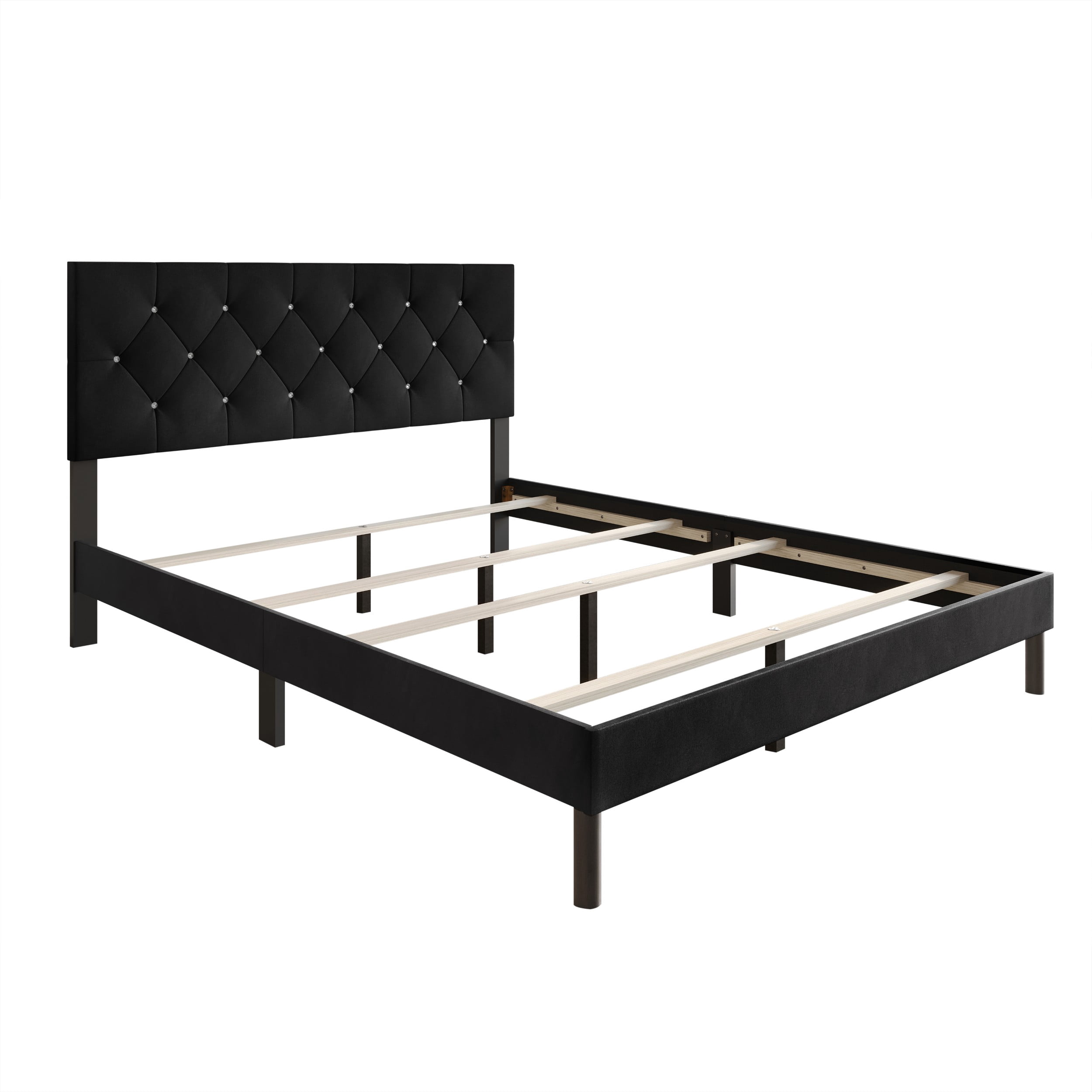 Home Design Groton King Tufted Velvet Upholstered Panel Bed Frame with Button-Tufted Headboard & Wingback Design, Black, Easy Assembly