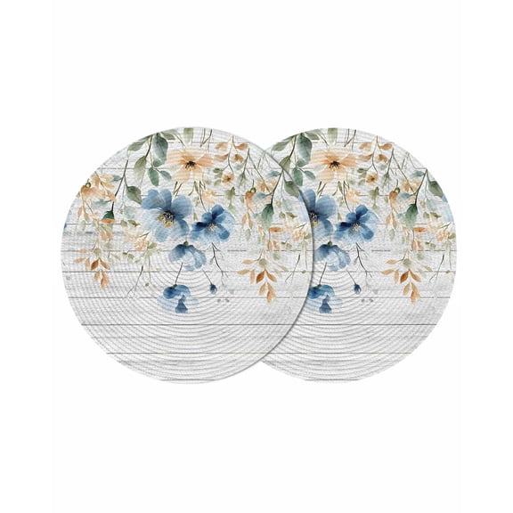 Spring Floral Round 13 Inch Placemats Set of 2, Weeping Blue Botanical Summer Vintage HeatResistant Non Slip Place Mats for Dining Table, Wipeable Braided Kitchen Table Mats for Housewarming