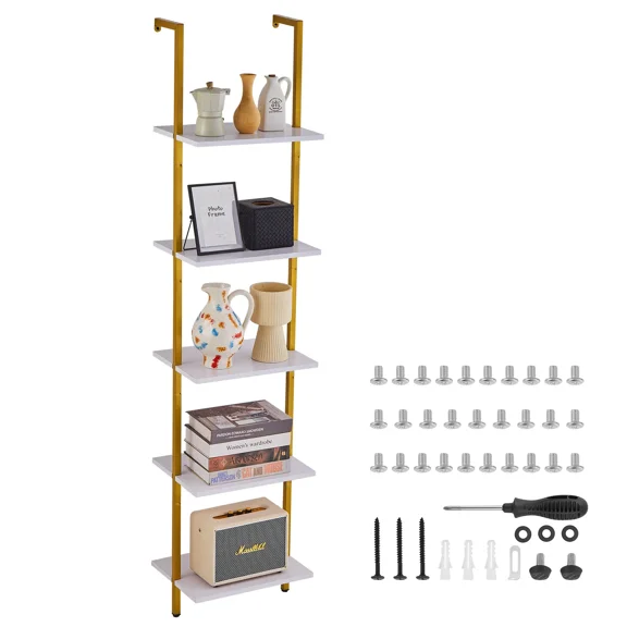 5-Tier Wall-Mounted Ladder Shelf,Open Design Metal Frame Storage Rack for Kitchen,Bedroom,Bathroom,and Living Room,Gold and White Finish
