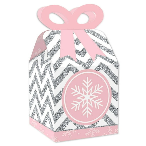 Big Dot of Happiness Pink Winter Wonderland - Square Favor Gift Boxes - Holiday Snowflake Birthday Party and Baby Shower Bow Boxes - Set of 12