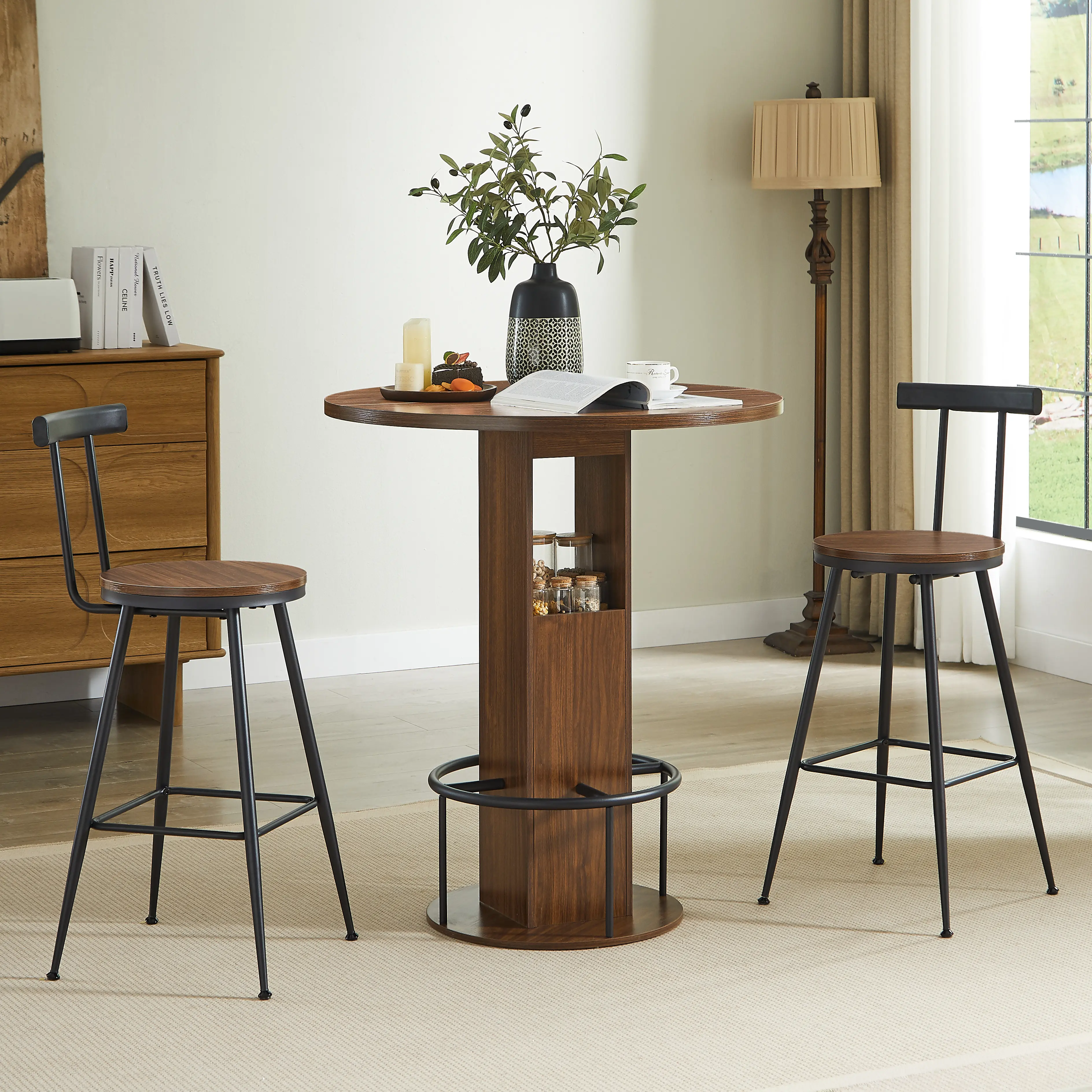 Aukfa Round Dining Table Set for 2, Dining Table with 2 Bar Stools, Storage Base & Footrest,Space-Saving Kitchen & Dining Table Set,Brown