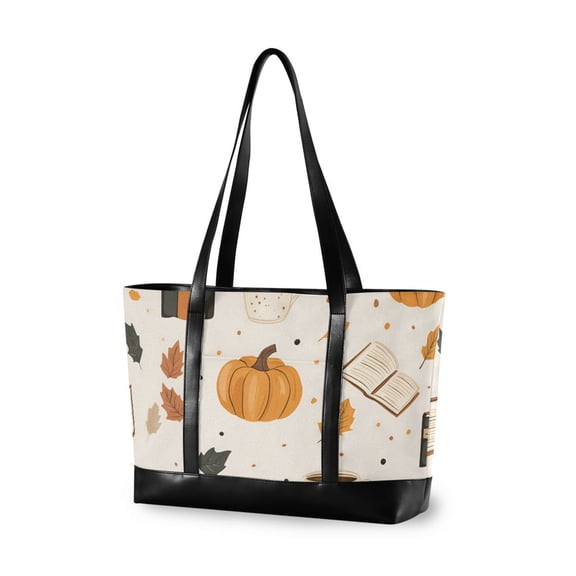 FORMRS Canvas Laptop Tote Bag for Women with 15.6" Computer Compartments Shoulder Handbag, Beige Fall Pumpkin