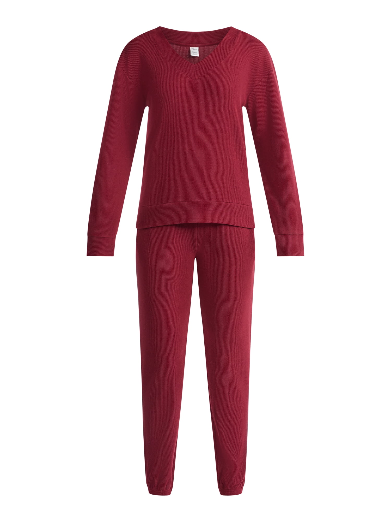 Lissome Women’s Soft Double Brushed Waffle Knit Long Sleeve V-yoke top and Jogger Pant Pajama Set , Sizes S-3X