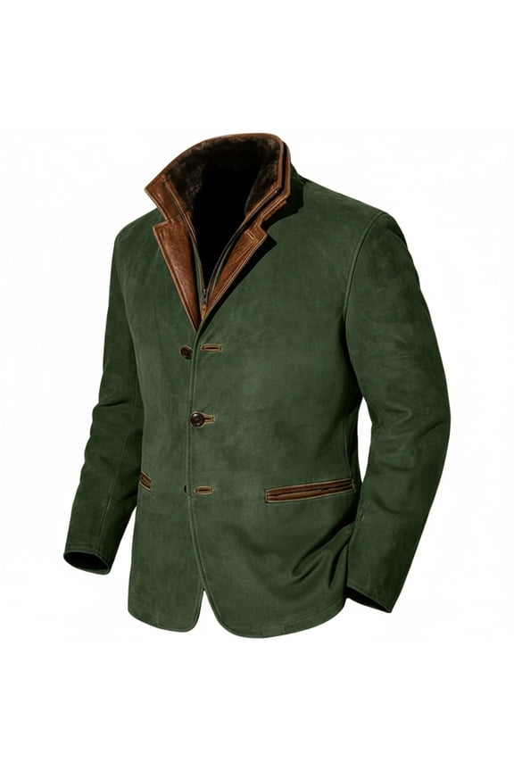 IWRICH Men's Suede Blazer Leather Suit Jacket Casual Military Notch Lapel Button Zip Sport Coat with Pockets Green XL