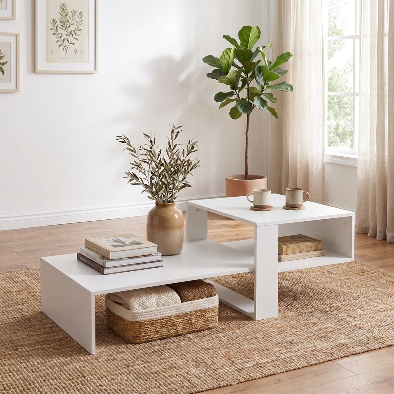 Furnibear 2 Tier Modern Irregular Coffee Table with Open Storage Shelf and Geometric Silhouette for Living Room for Home and Living Space, White