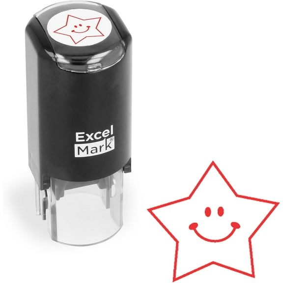 ExcelMark Happy Star Round Teacher Rubber Stamps, Teacher Classroom Supplies, Self Inking Stamps, Red Ink