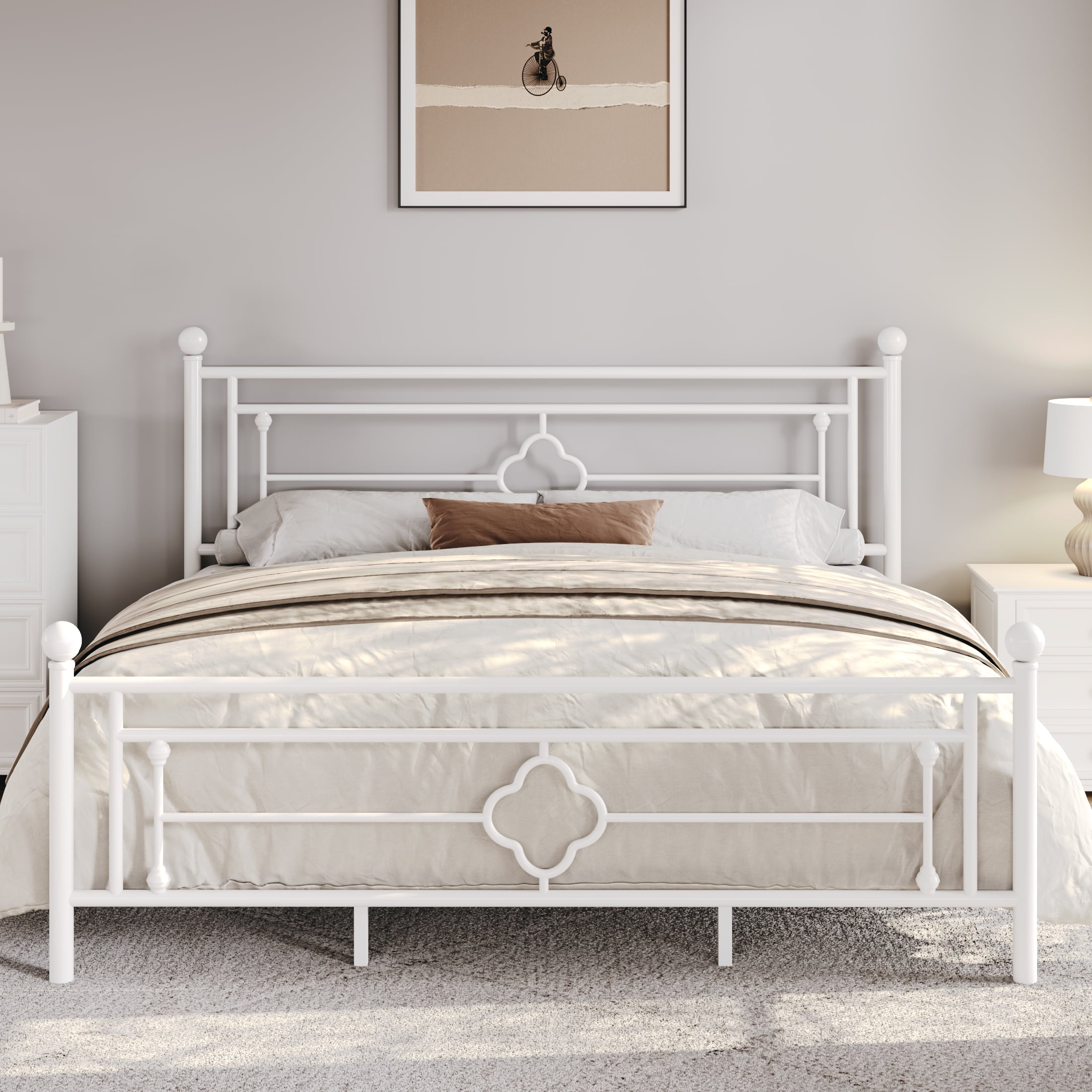 Sha Cerlin White King Size Metal Platform Bed Frame with Victorian Vintage Headboard & Underbed Storage, Adult