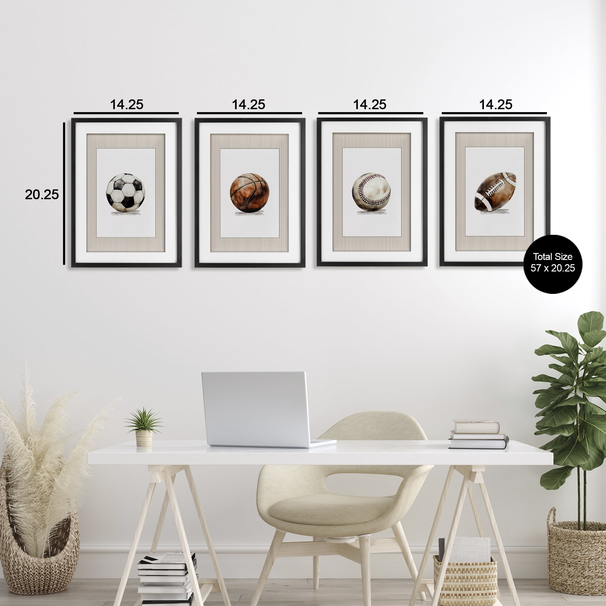 Stupell Industries Vintage Sports Beige Stripes 4 Piece Black Framed Print Under Glass Set, design by Christine Simpson Art