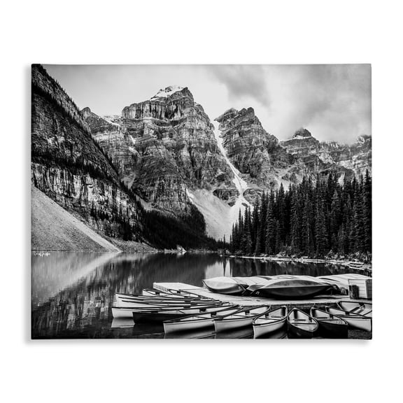 Stupell Industries Coastal Mountain Lake Dock Rowboats Black White Photography Canvas Art, 20 x 16, by Daniel Sproul