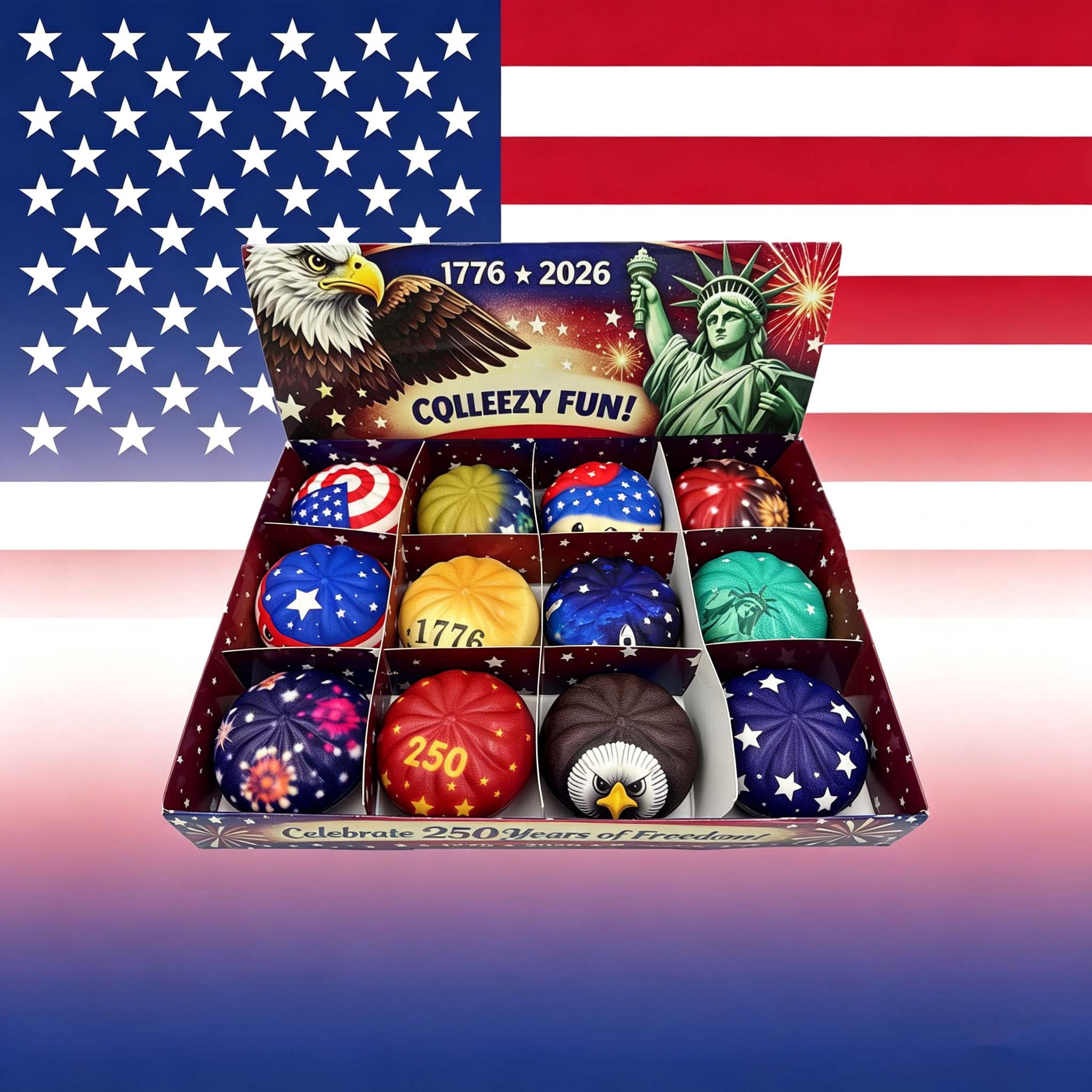 12 Pack 250th Anniversary USA Squishies Bao Bun Set, Patriotic 4th of July Fidget Stress Big Dumplings, Slow Rising Steamed Bun Squeeze Sensory Balls for Patriotic Gift Party Favors