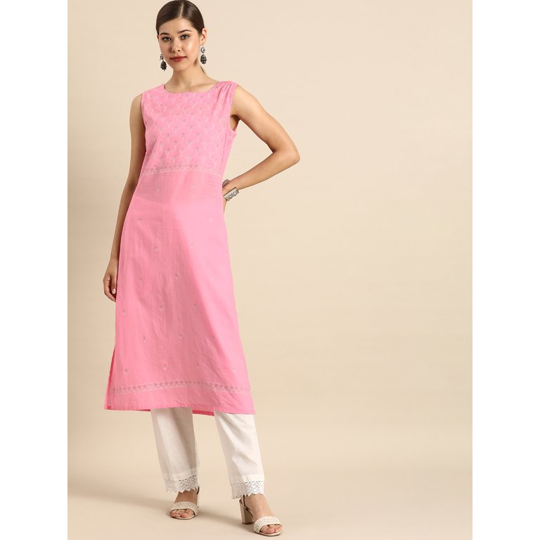 Anouk - By Myntra Kurta For Women Round Neck Pink Yoke Design Kurta Ready  To Wear Cotton Calf Length Designer Kurti Dress For Women's Embellished  Sleeveless Regular Kurta 